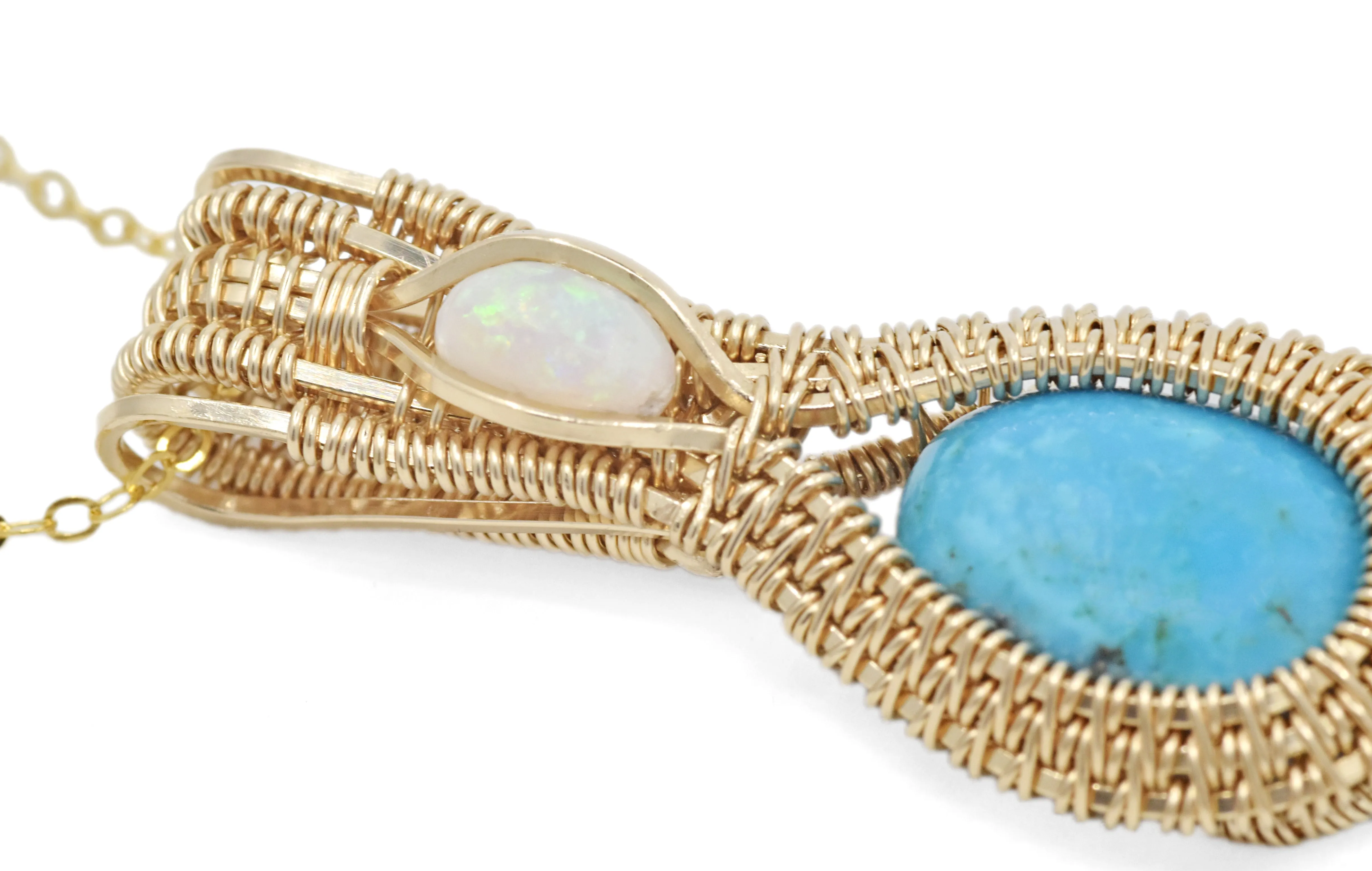 14kt Gold Filled Wire Wrapped Sleeping Beauty Turquoise Necklace with Opal
