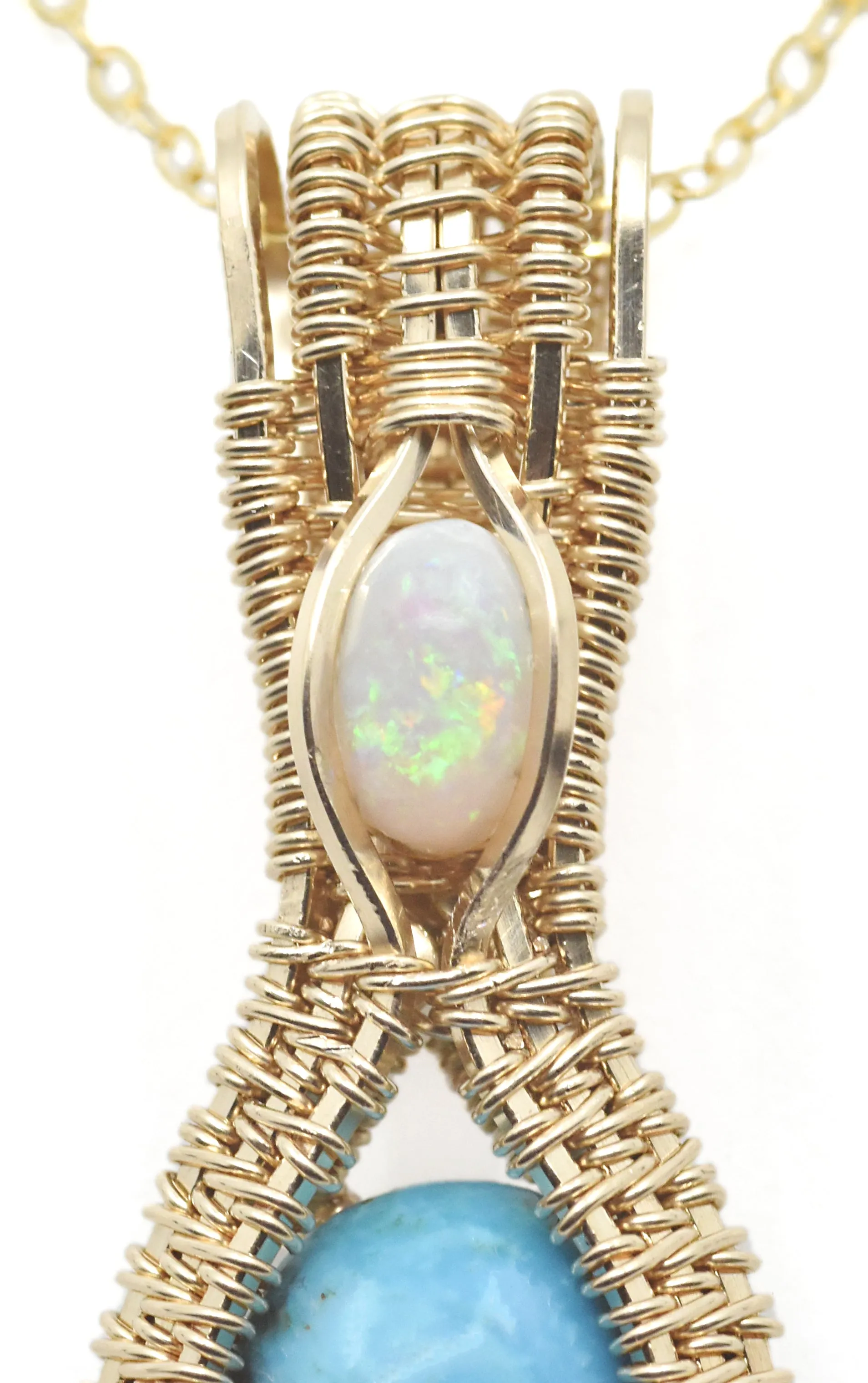 14kt Gold Filled Wire Wrapped Sleeping Beauty Turquoise Necklace with Opal