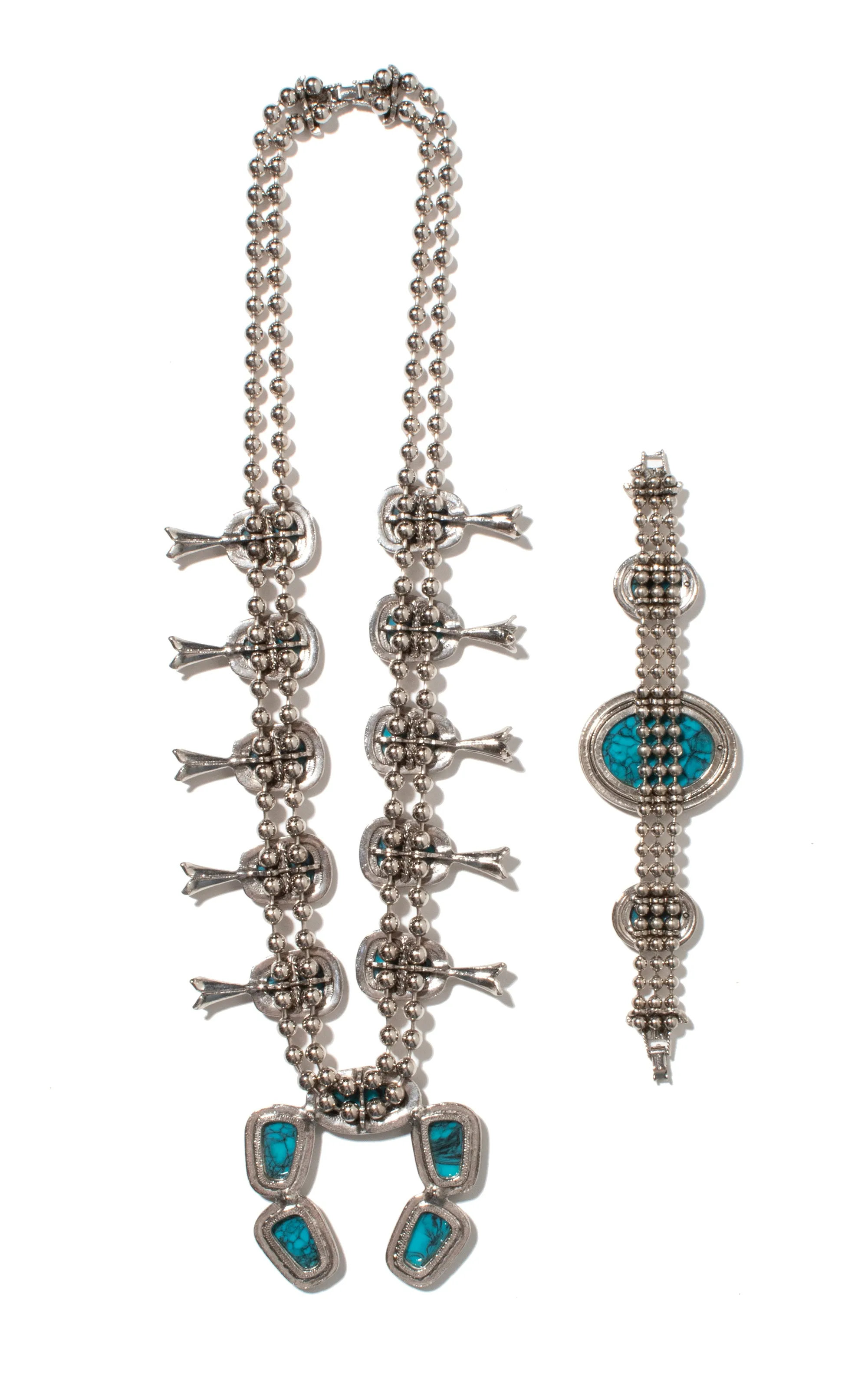 1970s Faux Turquoise & Silver Squash Blossom Necklace & Bracelet Set