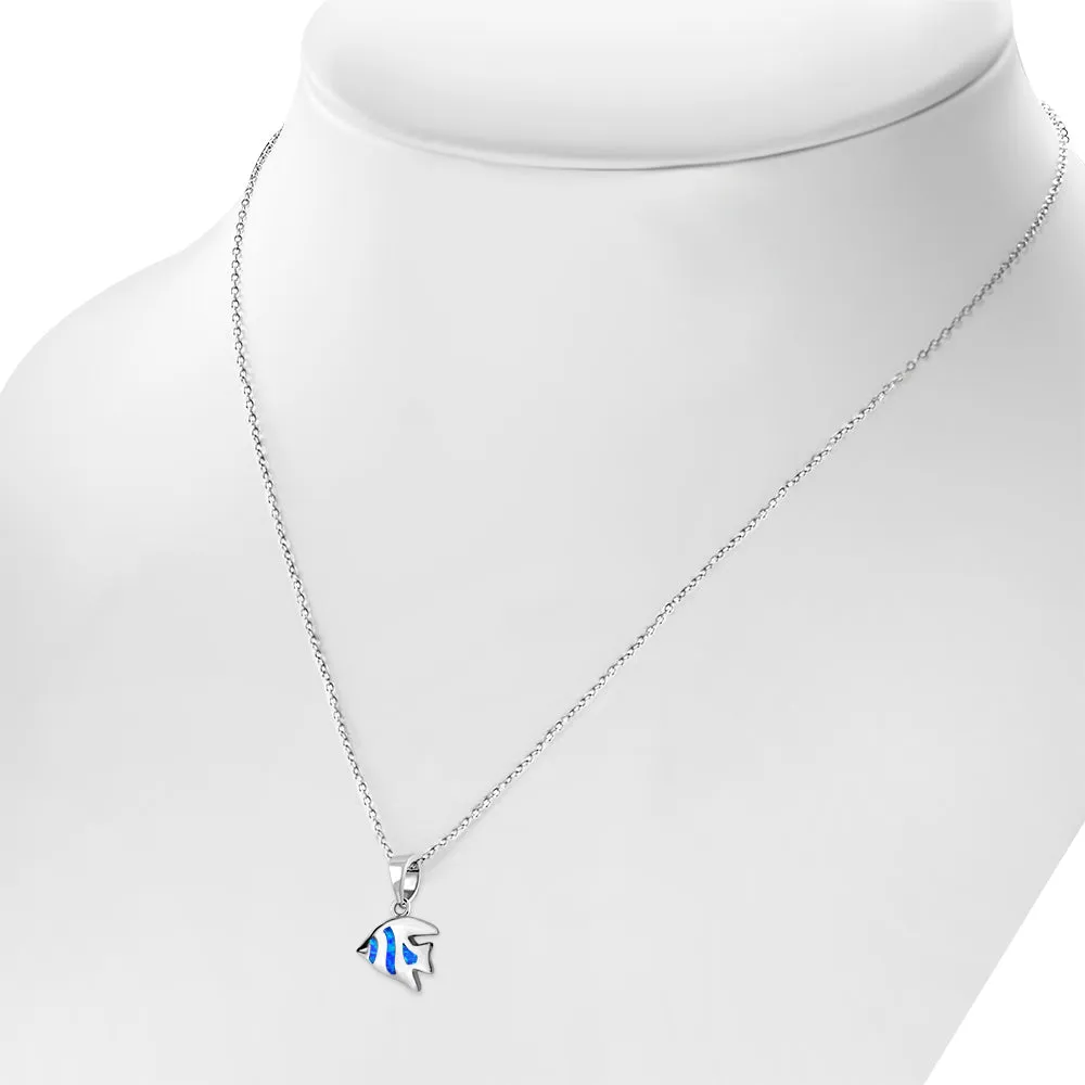 925 Sterling Silver Blue Opal Tropical Fish Pendant Necklace