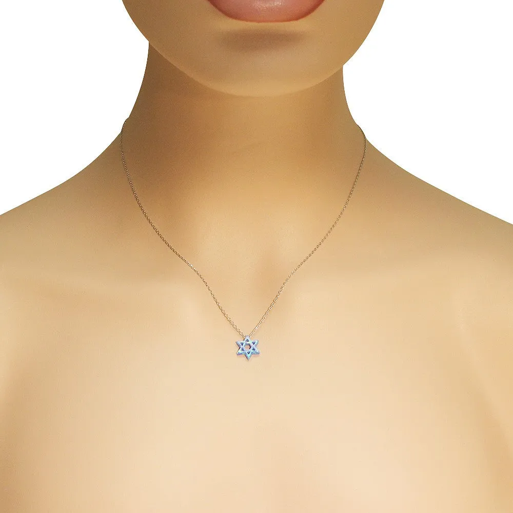 925 Sterling Silver Simulated Blue Opal Jewish Star of David Pendant Necklace