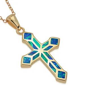 925 Sterling Silver Simulated Blue Opal Religious Cross Pendant Necklace