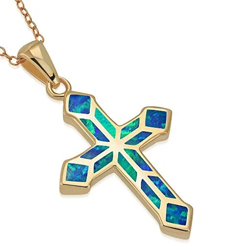 925 Sterling Silver Simulated Blue Opal Religious Cross Pendant Necklace