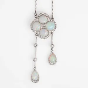 Art Deco 18ct White Gold Opal and Diamond Pendant