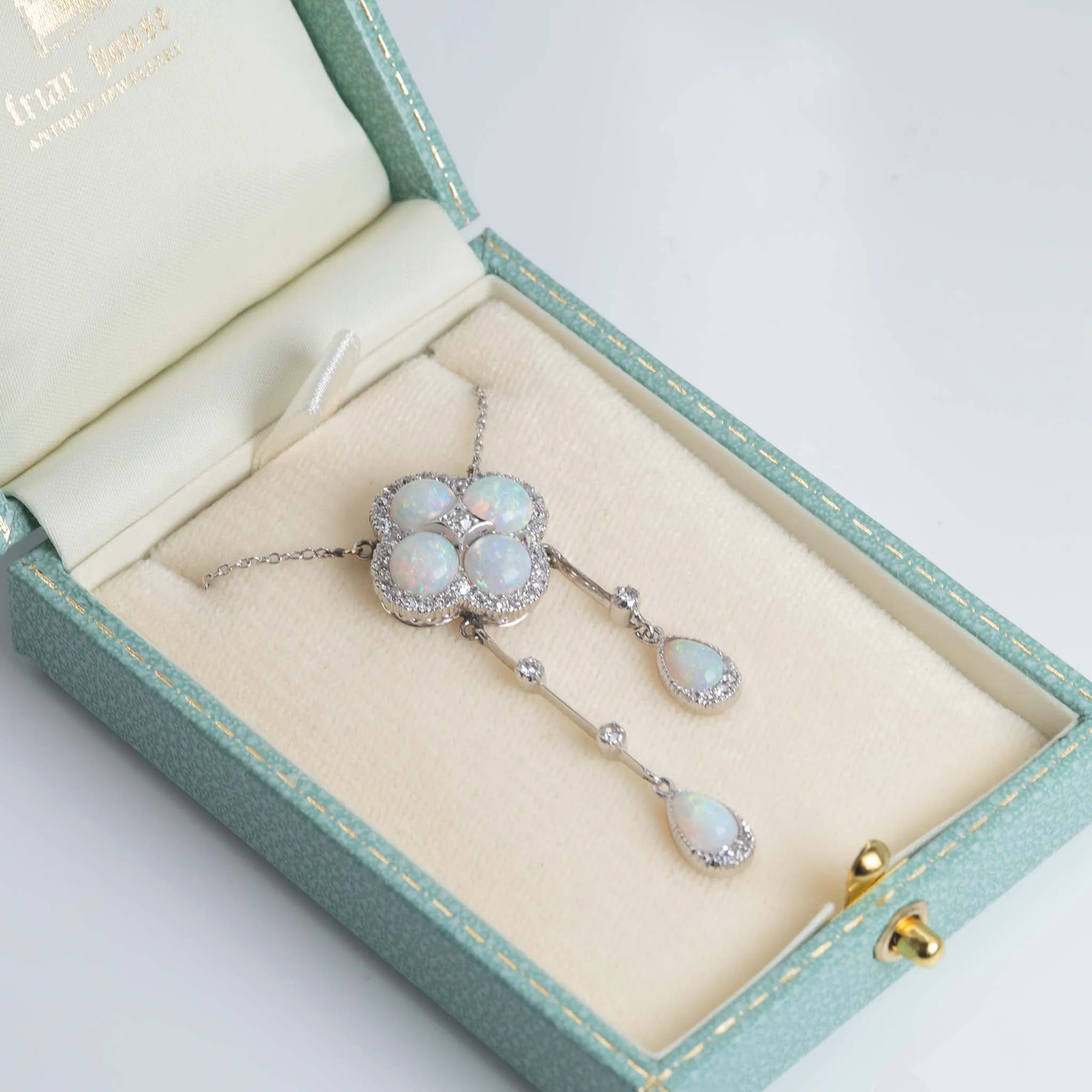 Art Deco 18ct White Gold Opal and Diamond Pendant