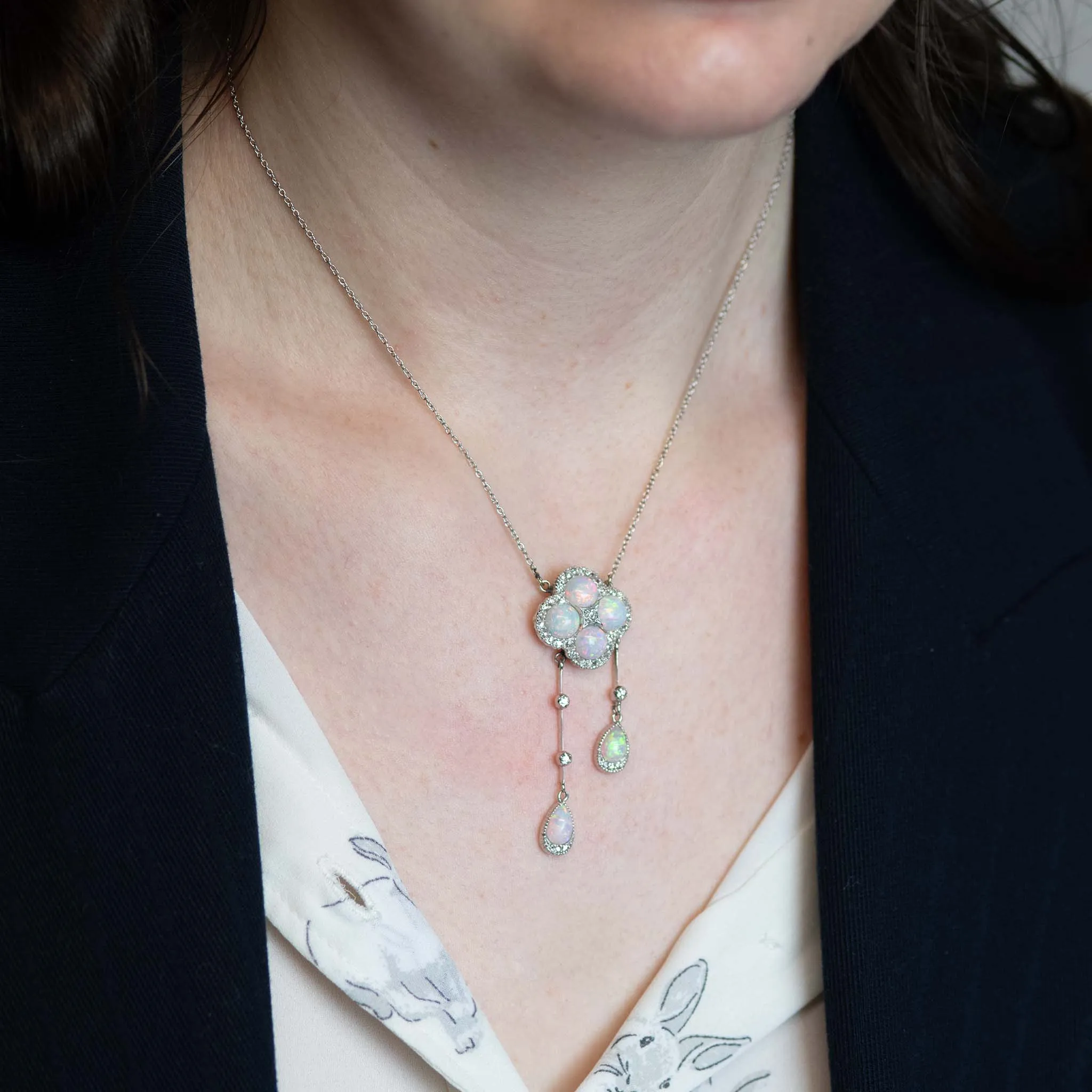 Art Deco 18ct White Gold Opal and Diamond Pendant