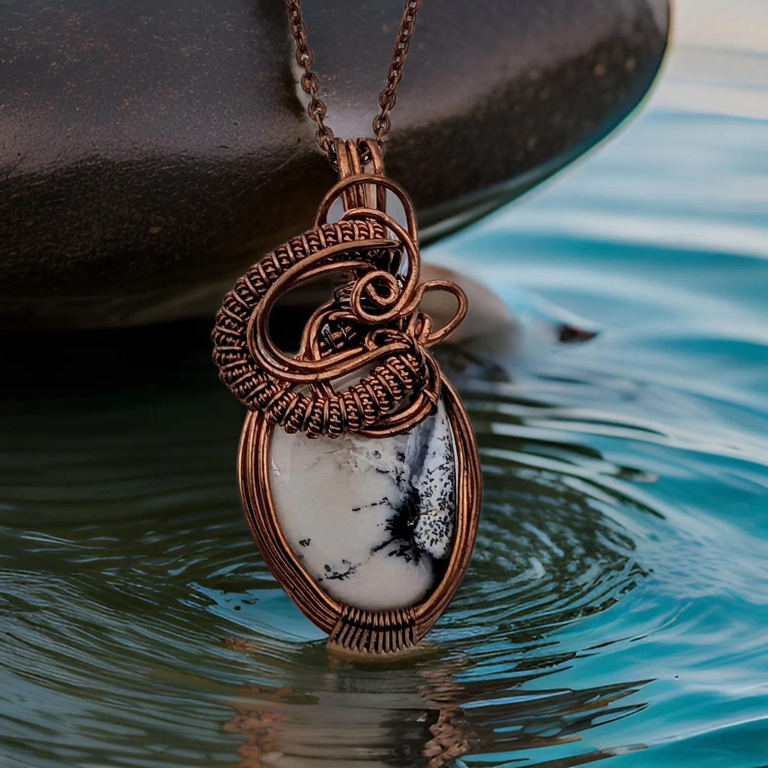 Copper wrapped, Dendrite opal - Necklace