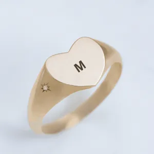 Custom Heart & Diamond signet ring 14k gold