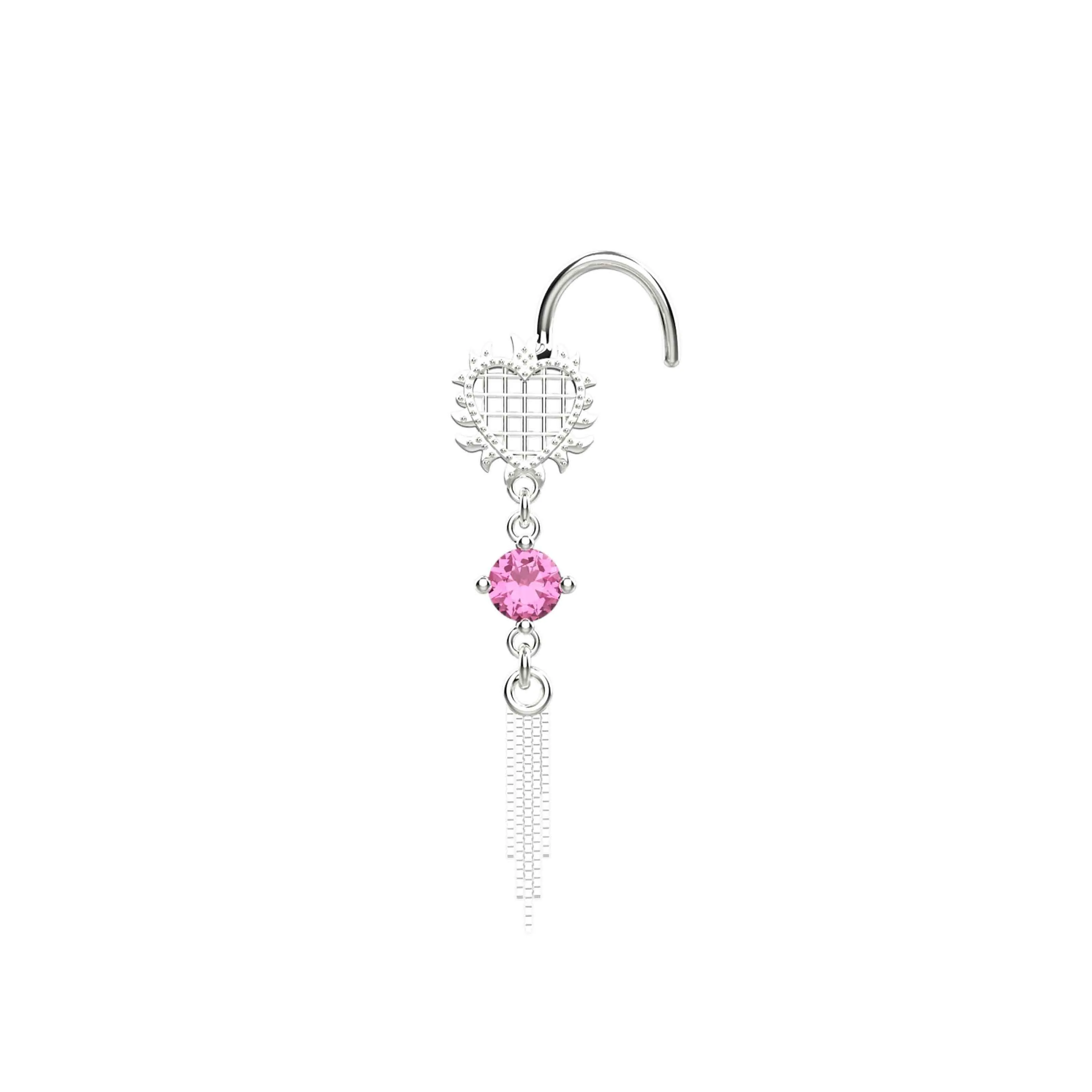 Dangle Chain Nose Stud | Pink Sapphire Nose Ring Jewelry