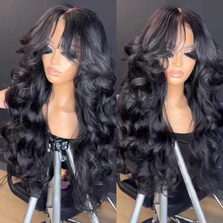 Geeta Full 250% Density Loose Body Wave Human Hair Wigs 13x4 Ocean Wave Lace Front Wigs with Curtain Bangs