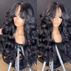 Geeta Full 250% Density Loose Body Wave Human Hair Wigs 13x4 Ocean Wave Lace Front Wigs with Curtain Bangs