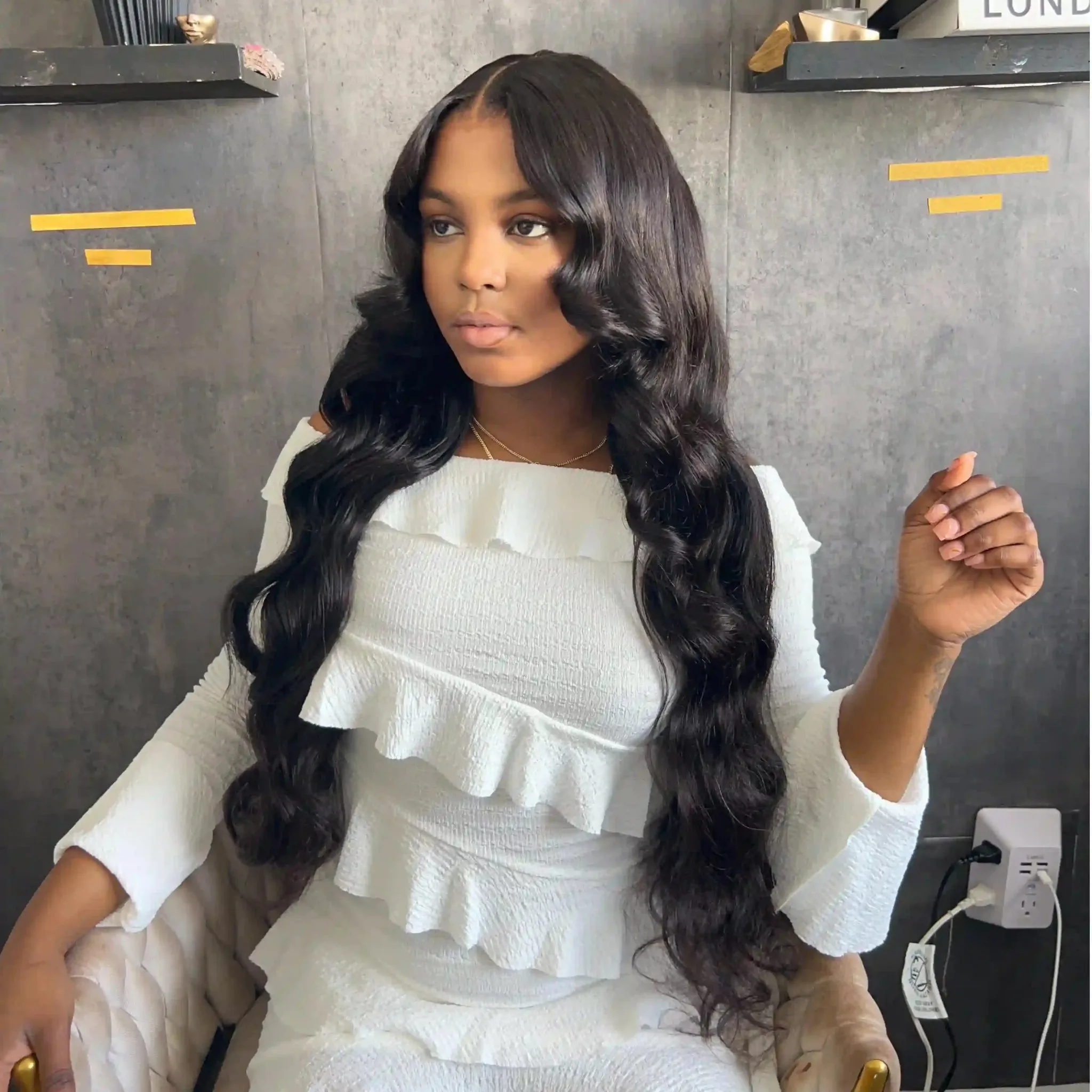 Geeta Full 250% Density Loose Body Wave Human Hair Wigs 13x4 Ocean Wave Lace Front Wigs with Curtain Bangs