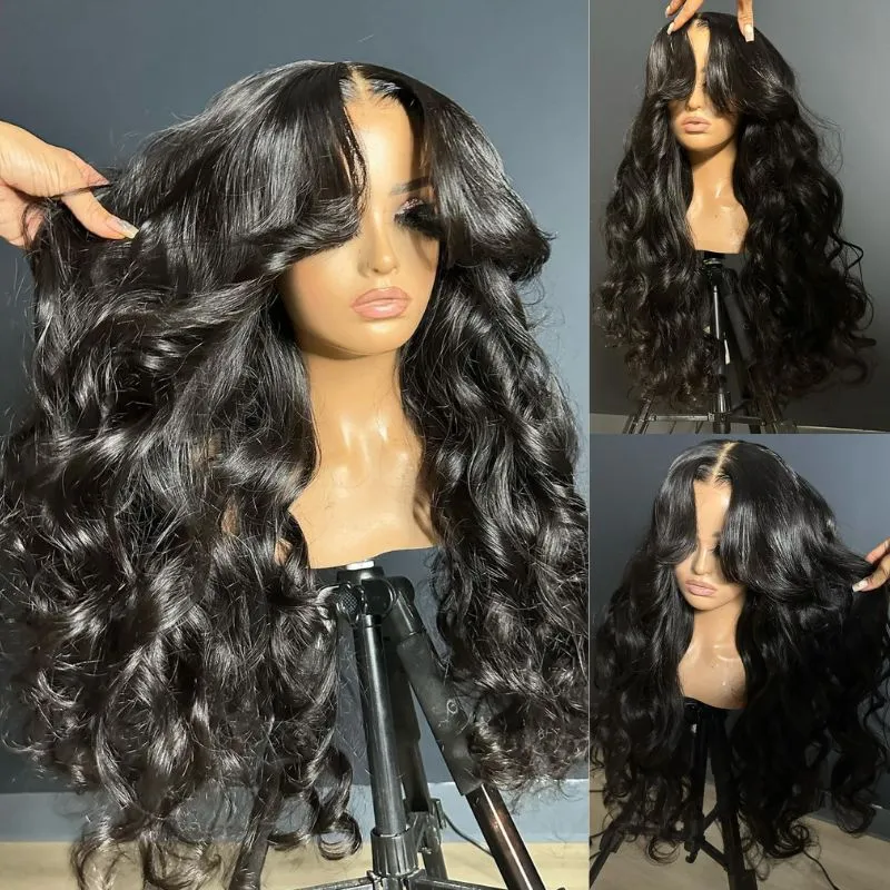 Geeta Full 250% Density Loose Body Wave Human Hair Wigs 13x4 Ocean Wave Lace Front Wigs with Curtain Bangs