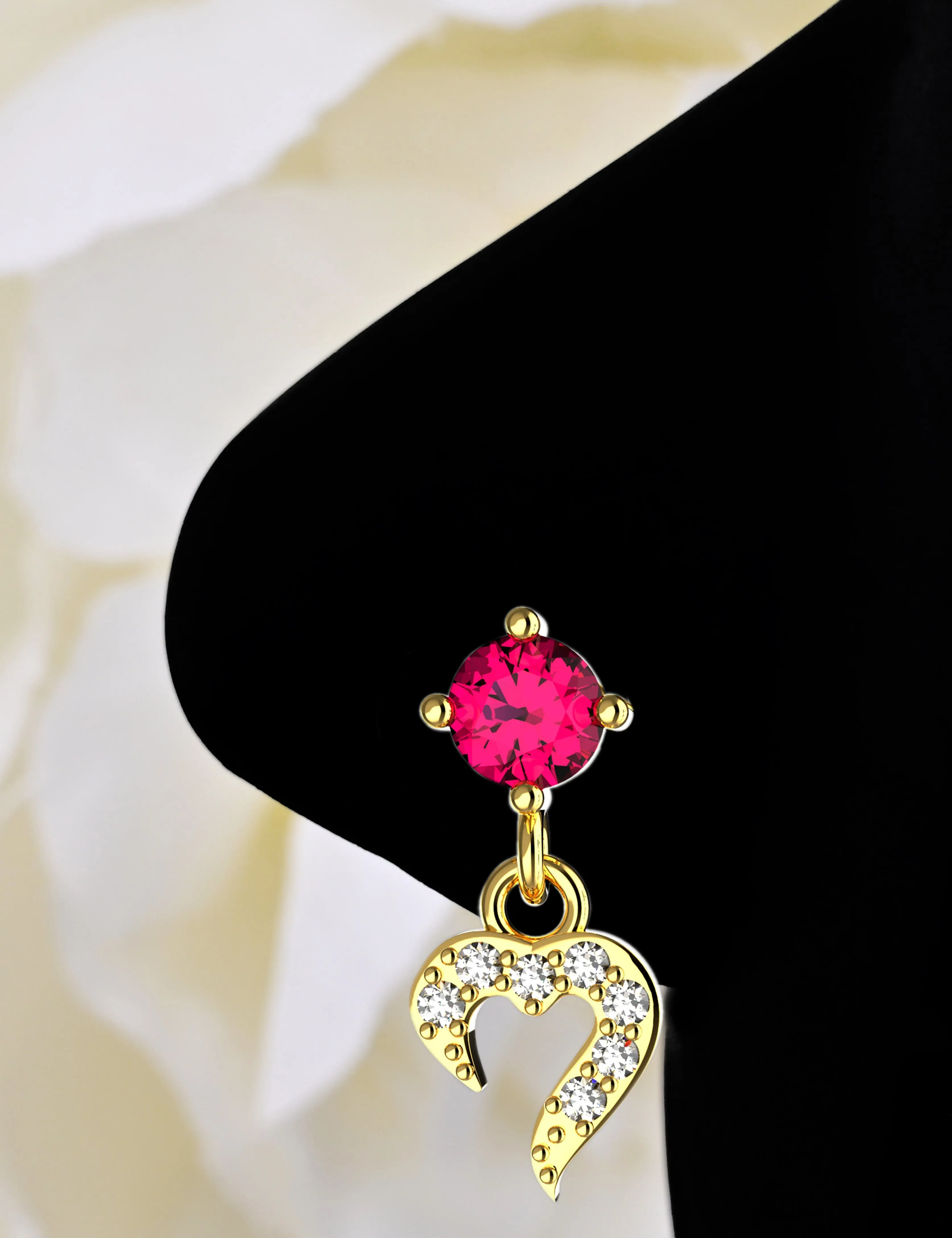 Heart Dangle Nose Ring with Pink Stone – Dainty Gold Piercing Jewelry for Women