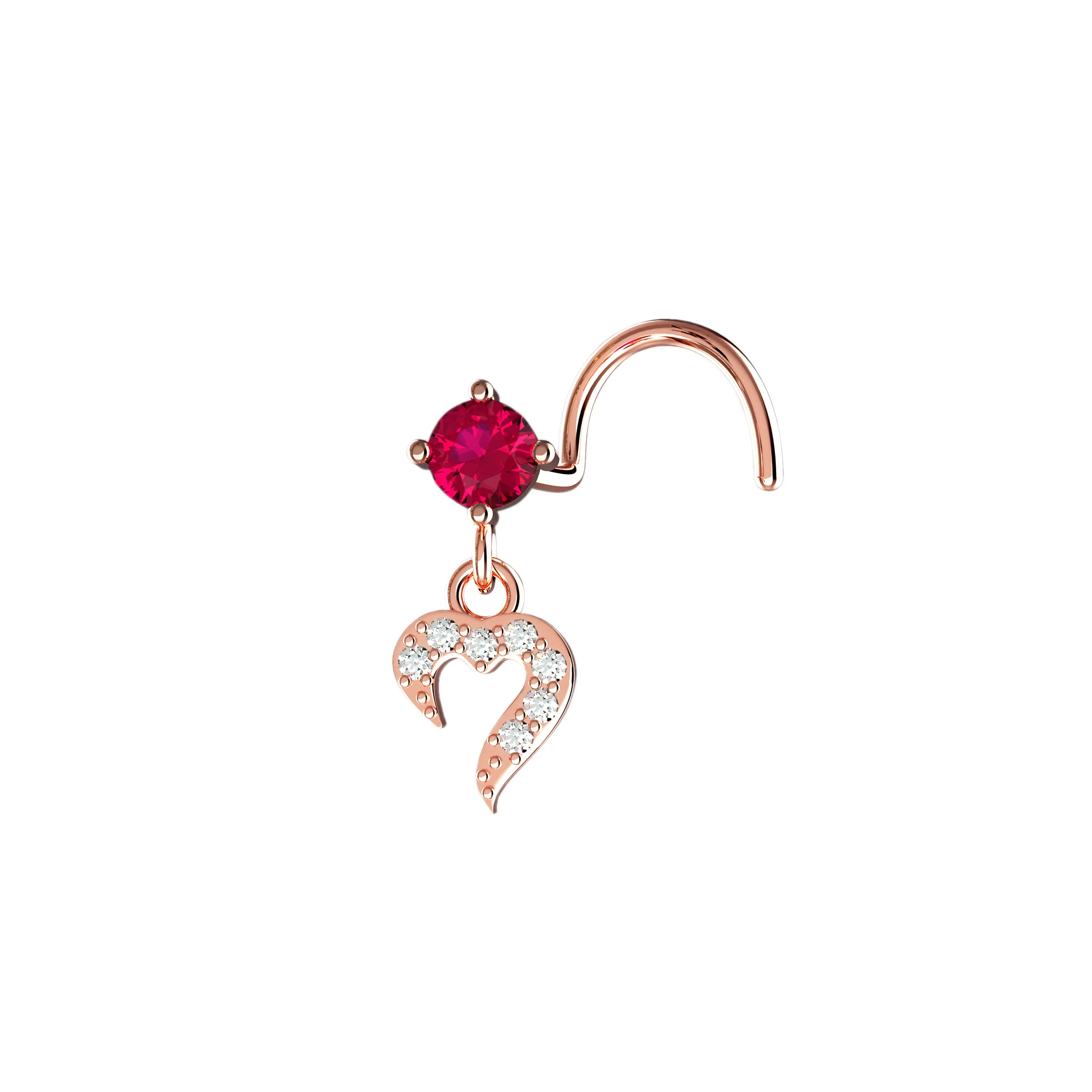 Heart Dangle Nose Ring with Pink Stone – Dainty Gold Piercing Jewelry for Women