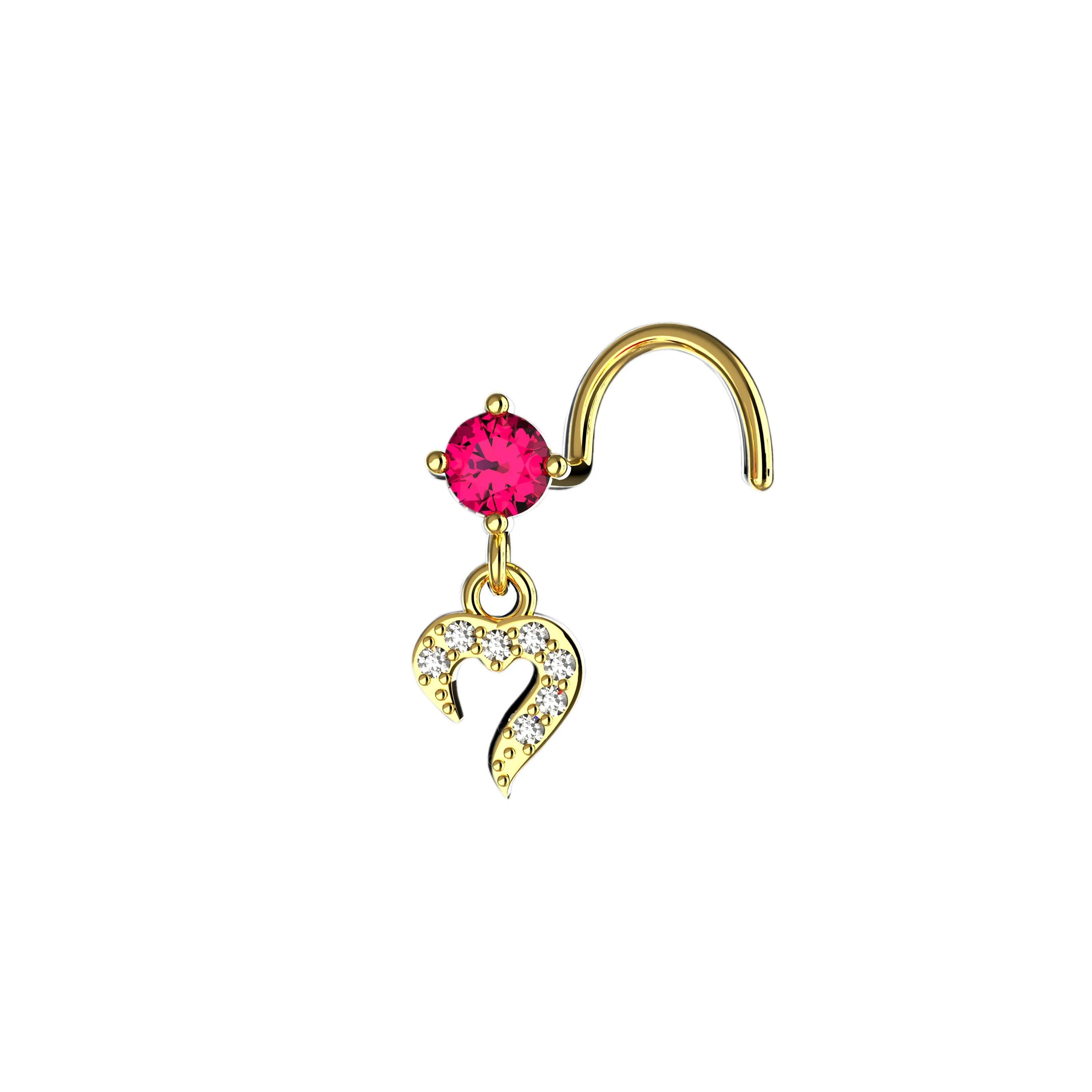 Heart Dangle Nose Ring with Pink Stone – Dainty Gold Piercing Jewelry for Women