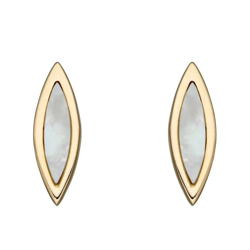 MILENA Navette Mother Of Pearl Stud Earrings In Yellow Gold