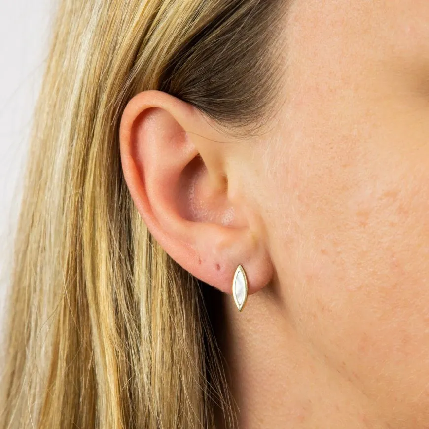 MILENA Navette Mother Of Pearl Stud Earrings In Yellow Gold