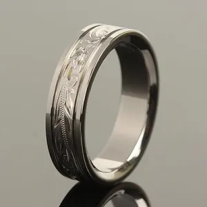 Titanium Hawaiian Scroll Engraved Line Edge Wedding Ring 6mm
